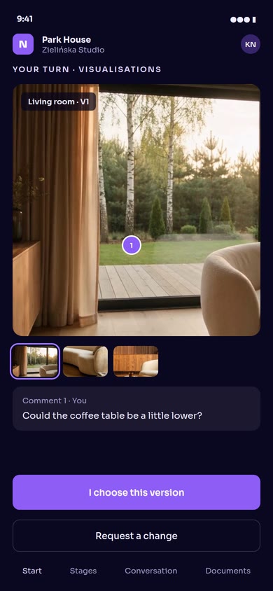 The client app: version 1 of the living-room visualisation with the client’s comment, and the buttons to choose this version or ask for a change