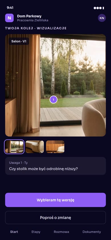 Aplikacja klienta: wizualizacja salonu w wersji 1 z uwagą klientki oraz przyciski wyboru tej wersji i prośby o zmianę
