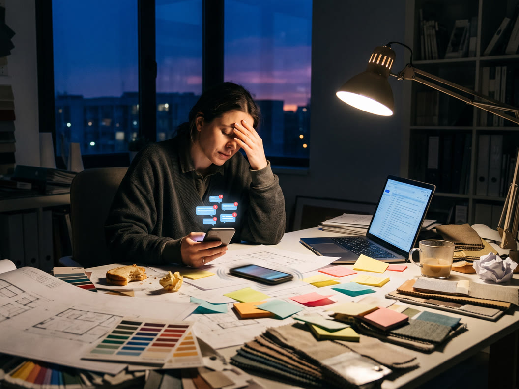 A designer in the evening over drawings, samples and a phone full of notifications