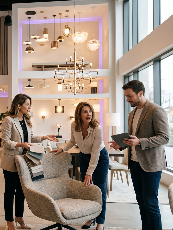 A furniture showroom: an adviser shows clients an armchair