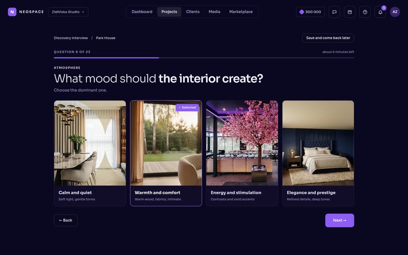 Needs analysis: question 8 of 23 of the discovery interview — the client picks the mood of the interior from four example rooms