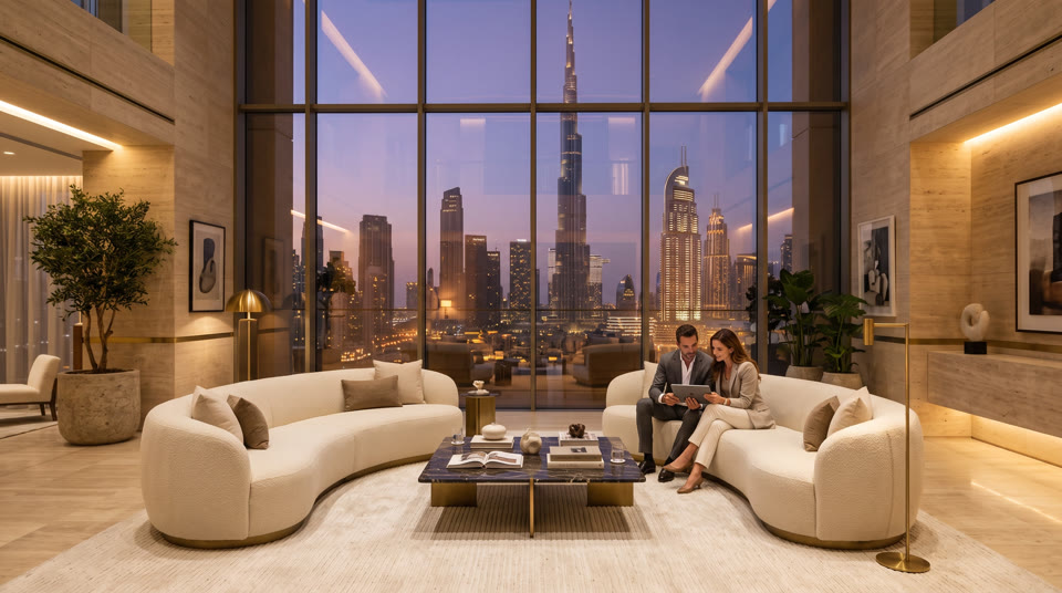Clients in an apartment living room overlooking the Burj Khalifa