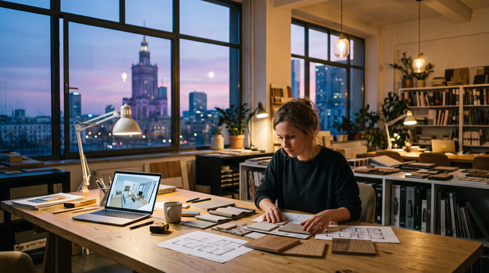 A designer in her studio overlooking the Palace of Culture in Warsaw