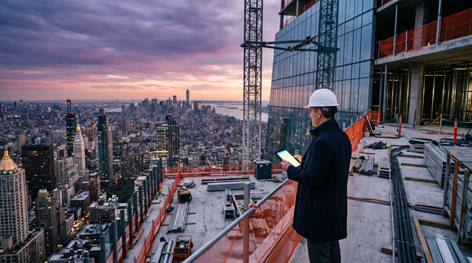 A developer in a hard hat on a high-rise site above Manhattan